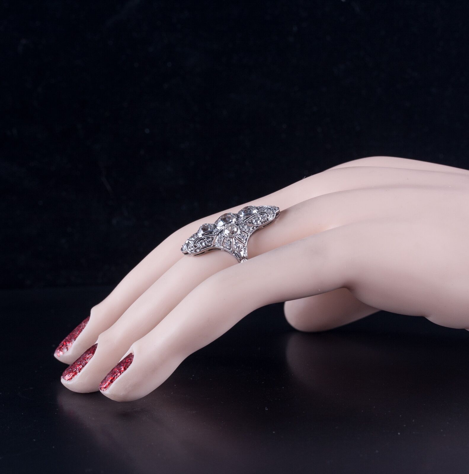 Vintage 1900s Platinum J SI1 Old European Diamond Filigree Cocktail Ring 2.19ctw