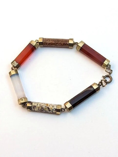 Victorian Scottish Agate Bracelet in Sterling Silver, 1800's, Vintage Jewelry