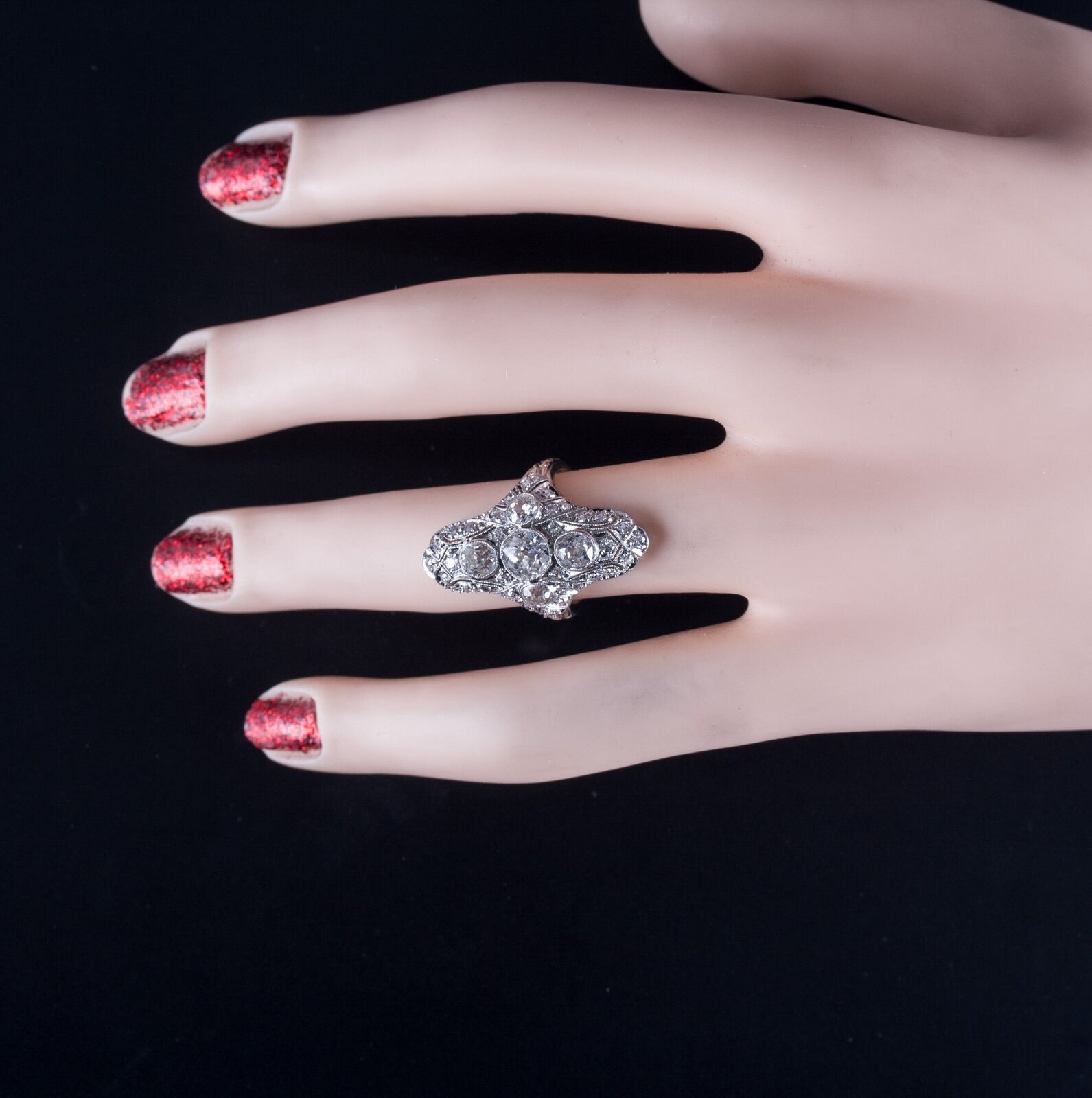 Vintage 1900s Platinum J SI1 Old European Diamond Filigree Cocktail Ring 2.19ctw