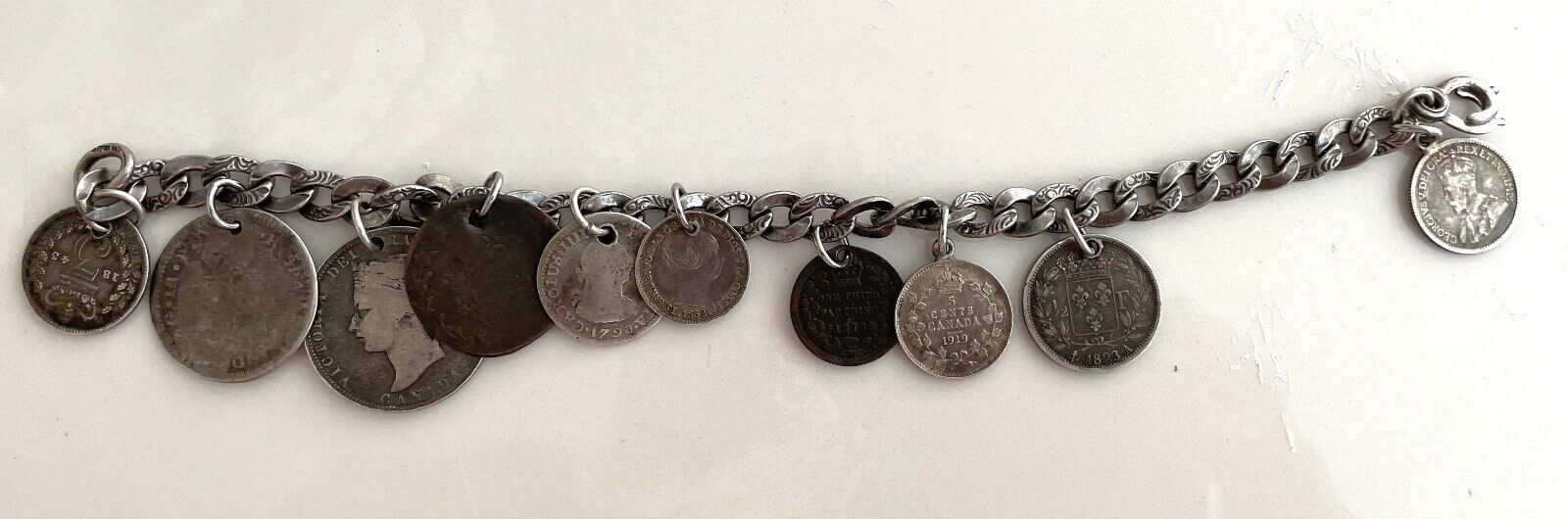 ANTIQUE NAPIER STERLING SILVER BRACELET 10 GENUINE ANTIQUE COINS 1792-1900'S