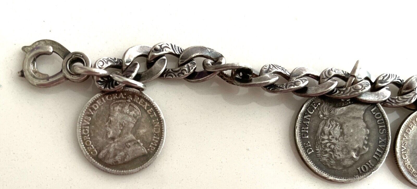 ANTIQUE NAPIER STERLING SILVER BRACELET 10 GENUINE ANTIQUE COINS 1792-1900'S