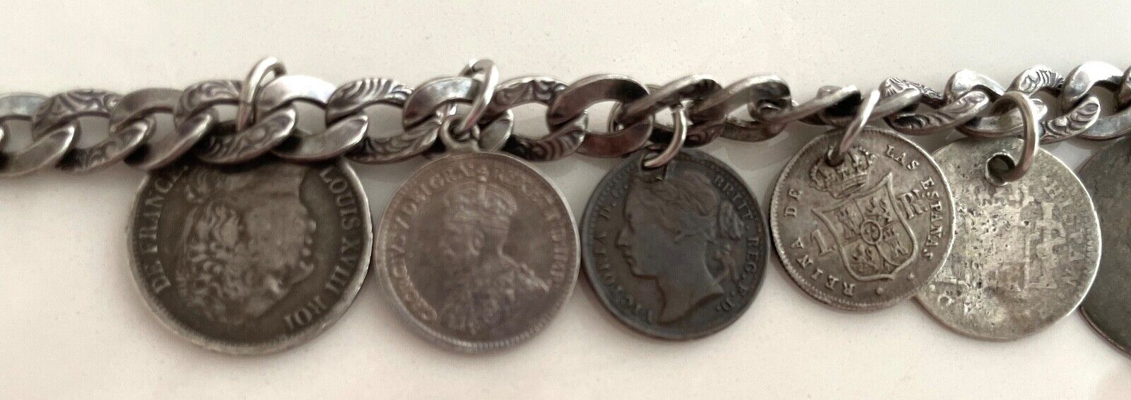 ANTIQUE NAPIER STERLING SILVER BRACELET 10 GENUINE ANTIQUE COINS 1792-1900'S