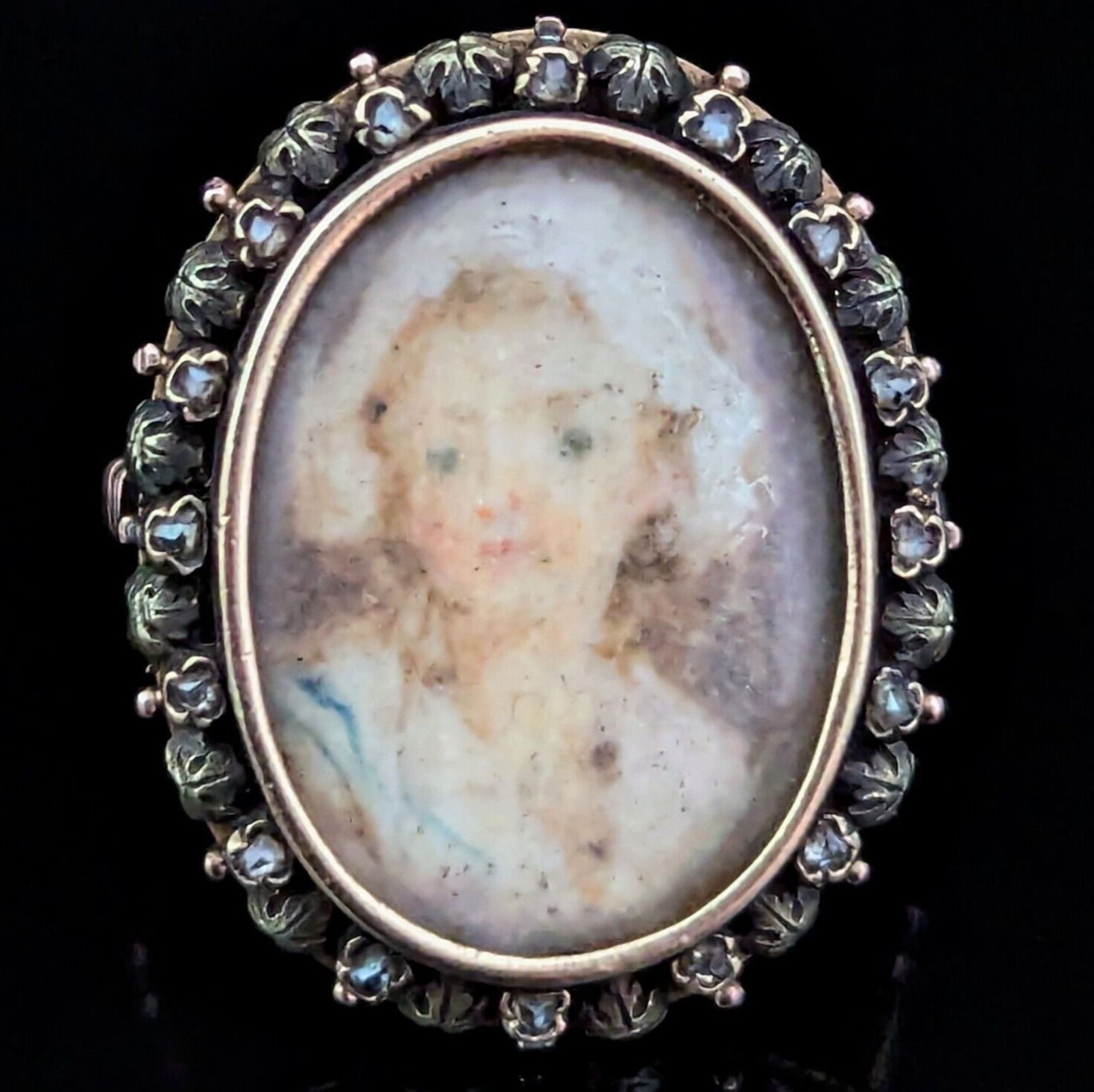 Georgian Miniature Portrait Diamonds 15k-17k Gold Ring Bonett Girl Antique 1800s