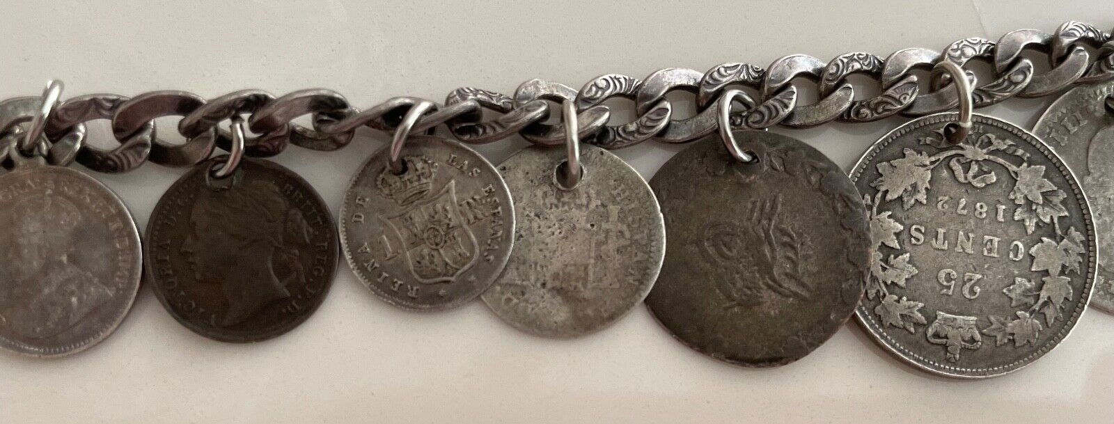 ANTIQUE NAPIER STERLING SILVER BRACELET 10 GENUINE ANTIQUE COINS 1792-1900'S