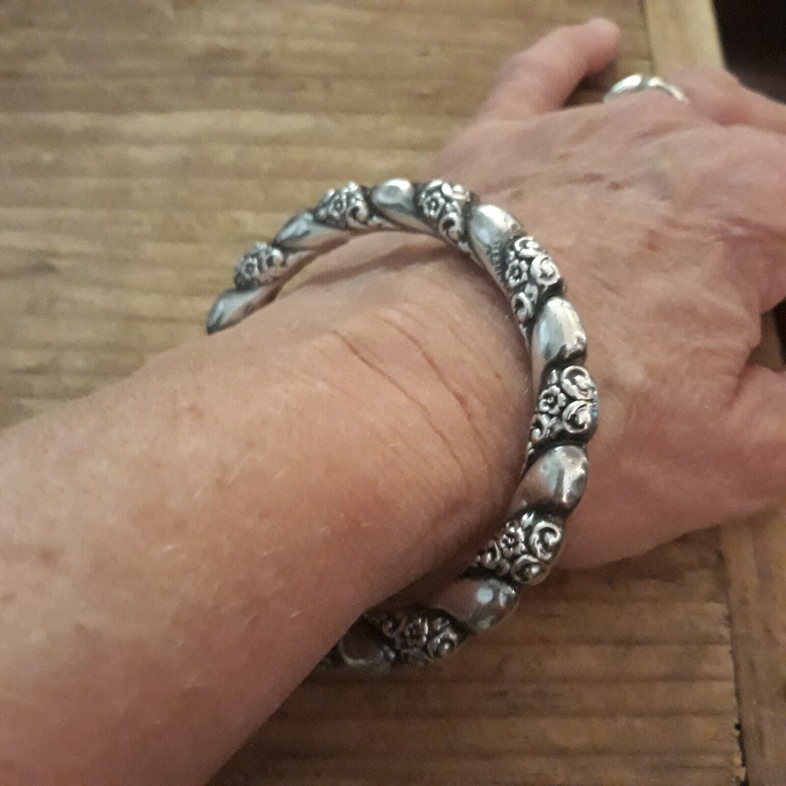 Victorian Sterling Silver Repousse Floral Hollow Bracelet 1800's Vintage