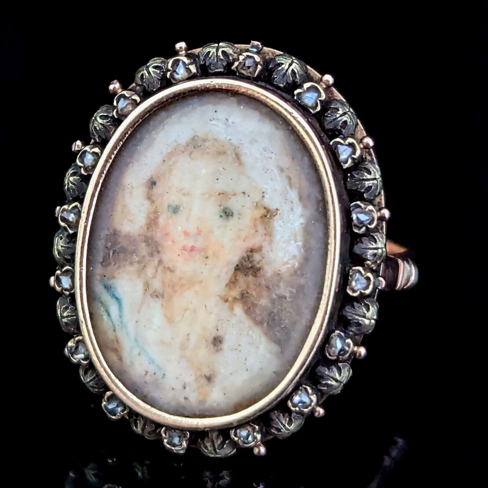 Georgian Miniature Portrait Diamonds 15k-17k Gold Ring Bonett Girl Antique 1800s