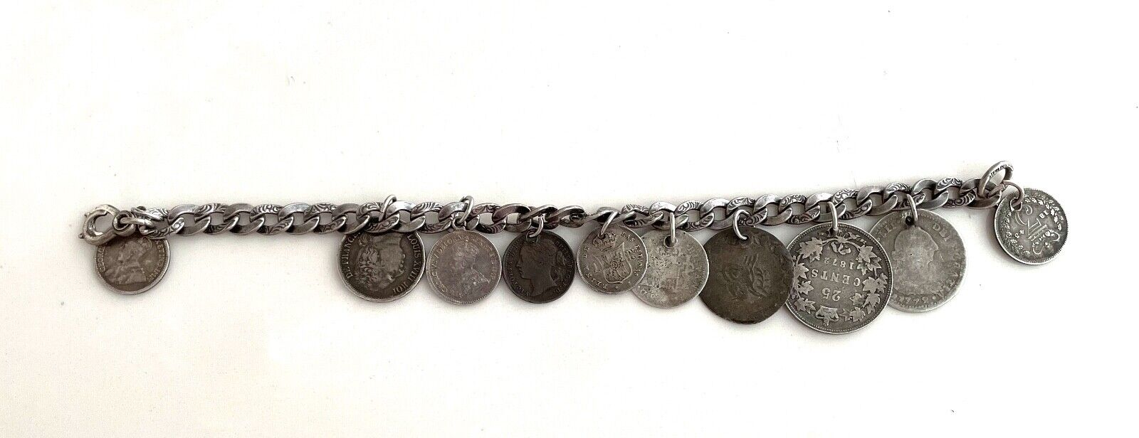 ANTIQUE NAPIER STERLING SILVER BRACELET 10 GENUINE ANTIQUE COINS 1792-1900'S