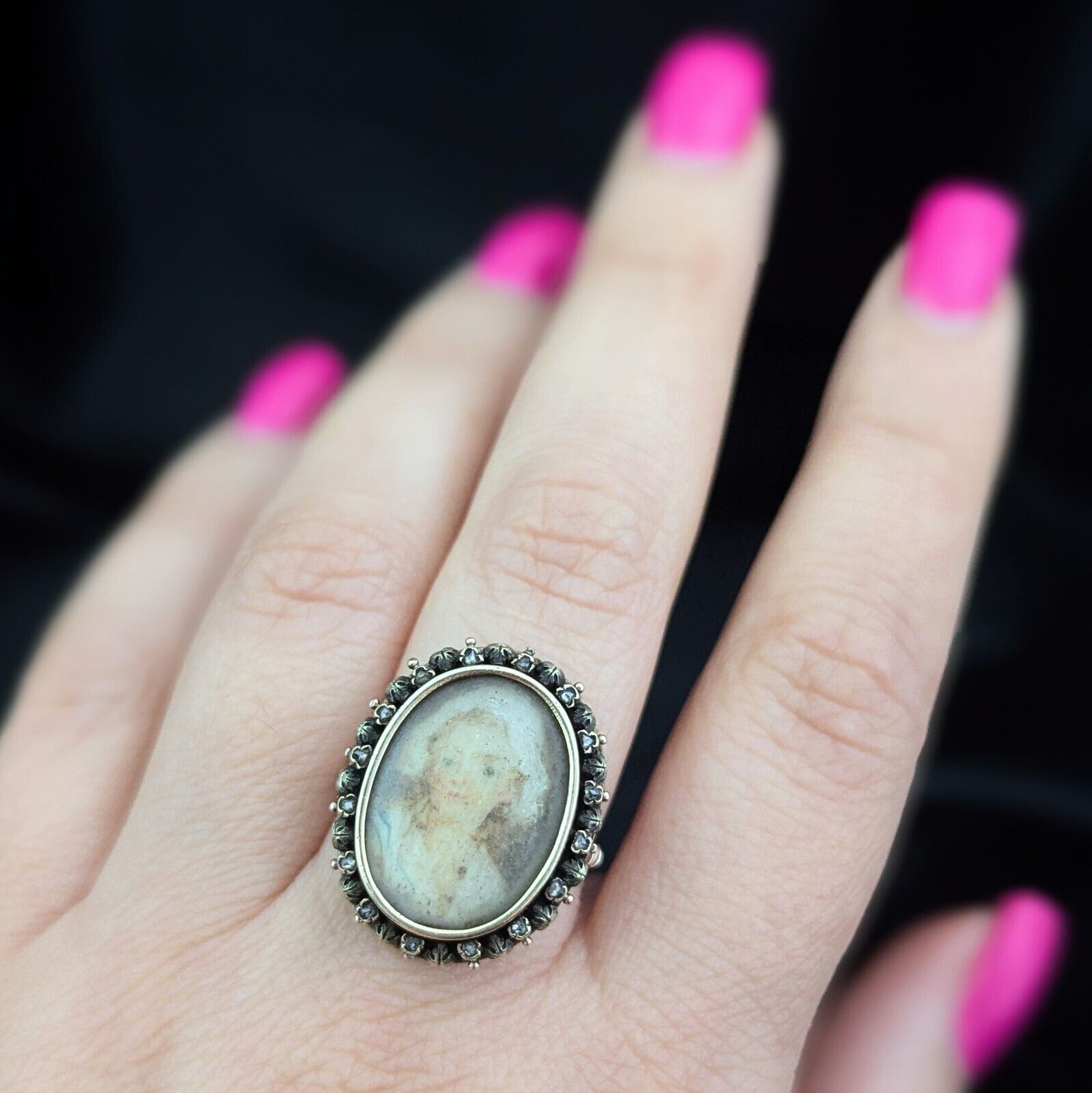 Georgian Miniature Portrait Diamonds 15k-17k Gold Ring Bonett Girl Antique 1800s