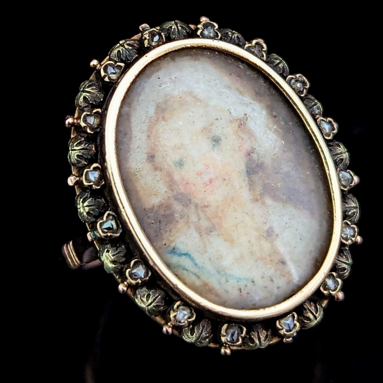 Georgian Miniature Portrait Diamonds 15k-17k Gold Ring Bonett Girl Antique 1800s
