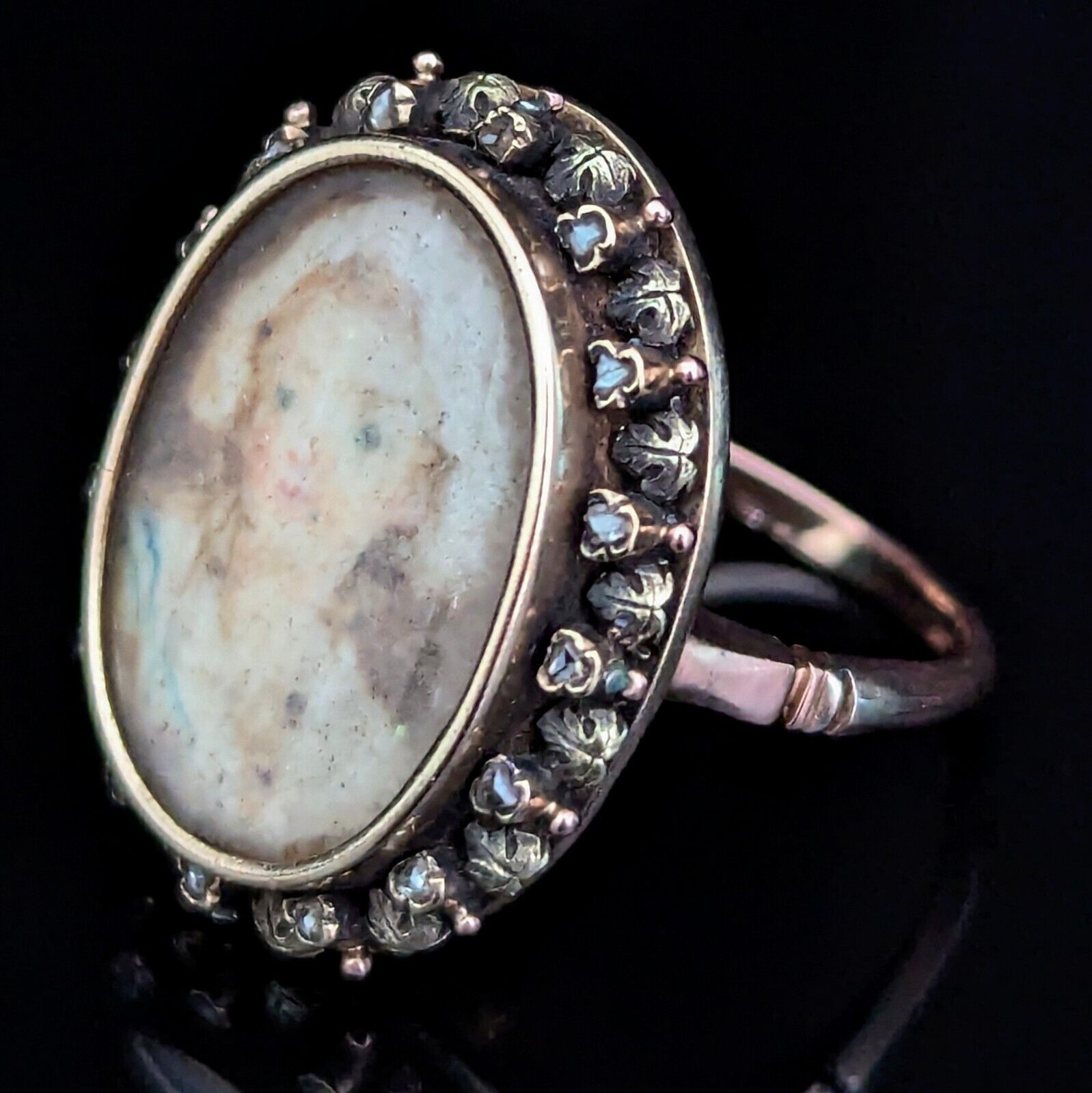 Georgian Miniature Portrait Diamonds 15k-17k Gold Ring Bonett Girl Antique 1800s