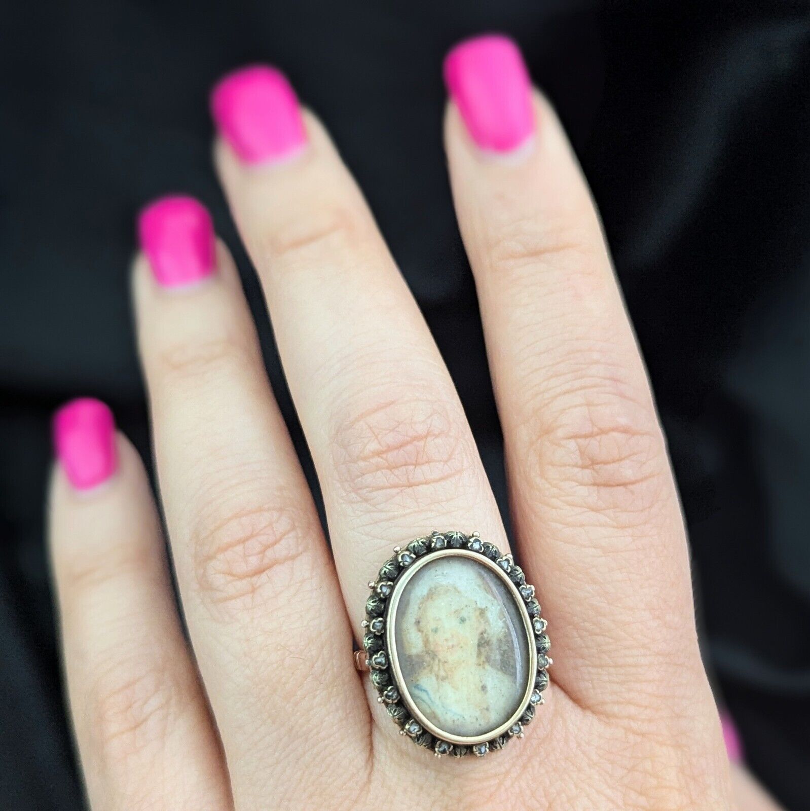 Georgian Miniature Portrait Diamonds 15k-17k Gold Ring Bonett Girl Antique 1800s