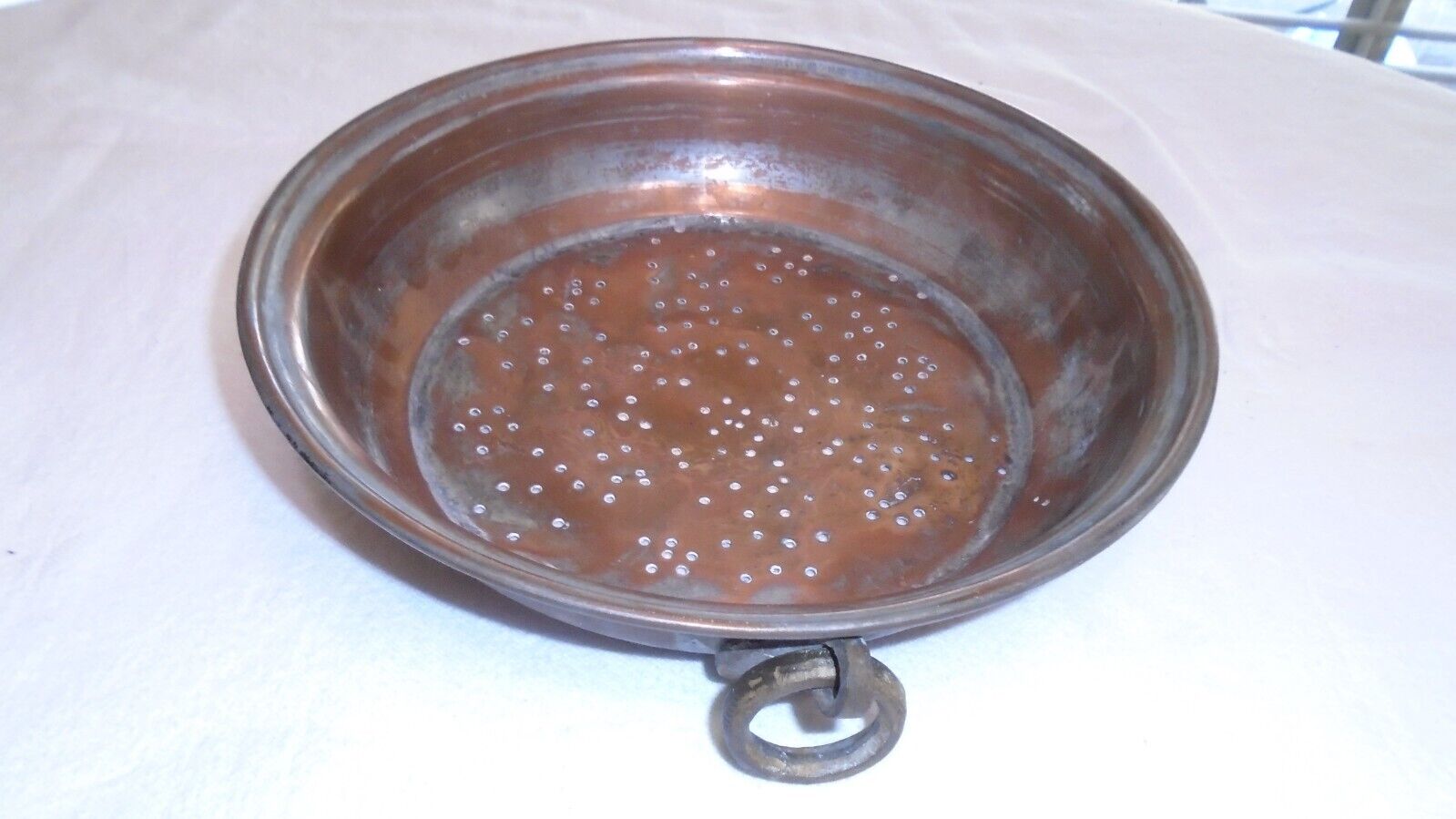 Antique Strainer 1800's Copper Tin Lined Primitive RARE Colander Large Hang Ring