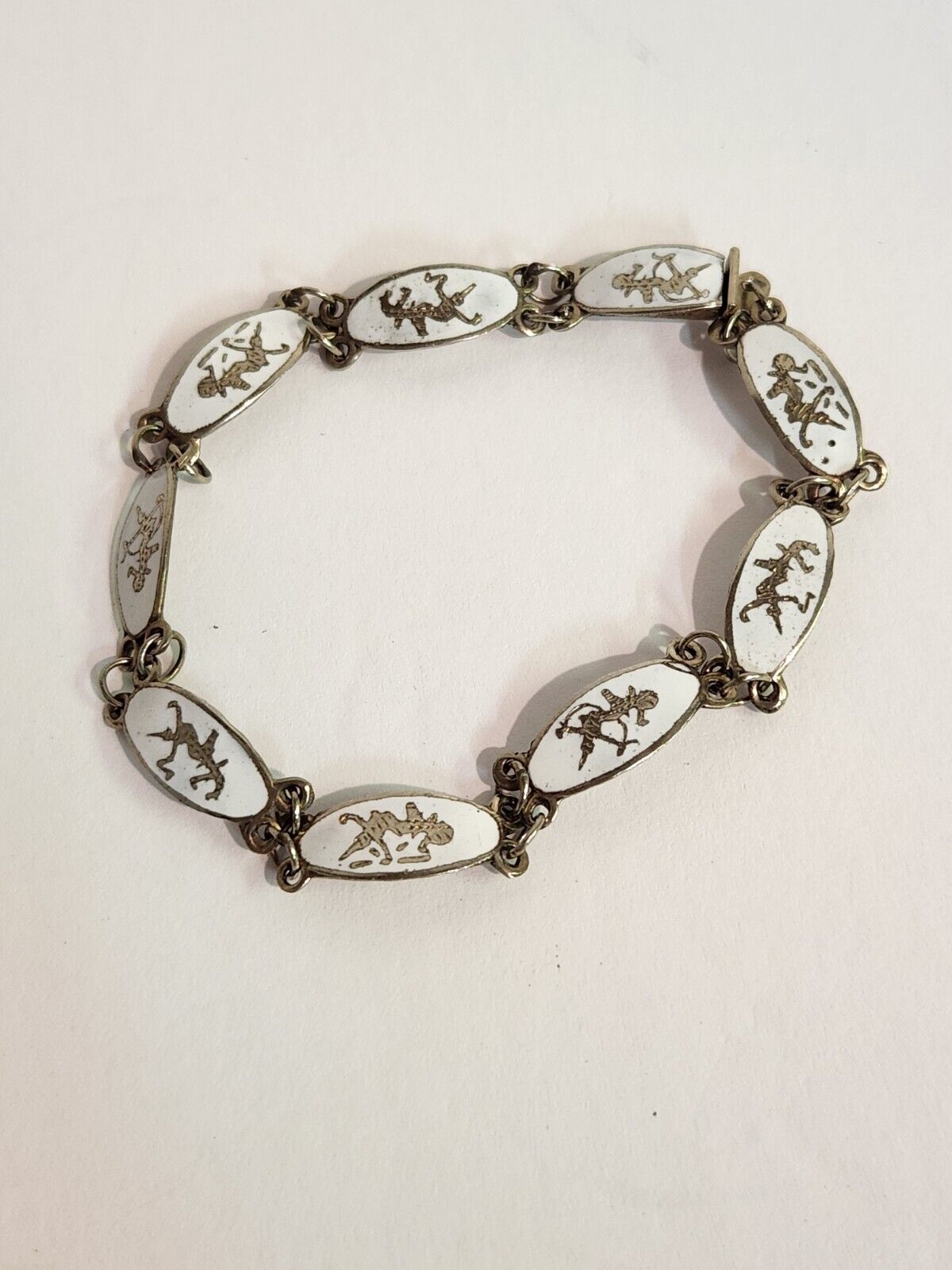 Vintage 1900s "Siam Niello" Sterling Silver "Dancing Godess" Oval Link Bracelet