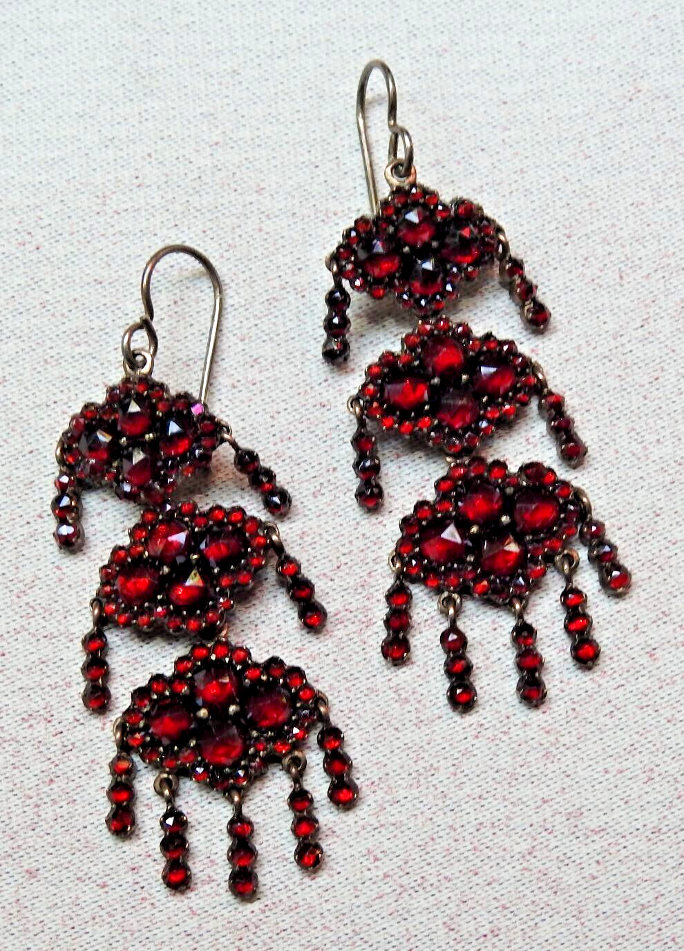 Antique 1900s Sterling Garnet Dangling Earrings CZECHOSLOVAKIA Bohemia 231ky