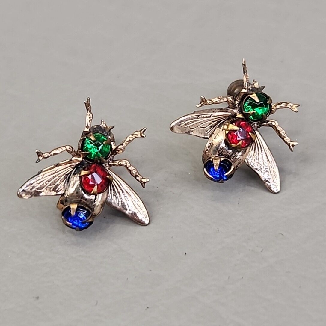 Fly Screw Back Earrings Antique Rhinestone Red Green Sterling Insect Early 1900s