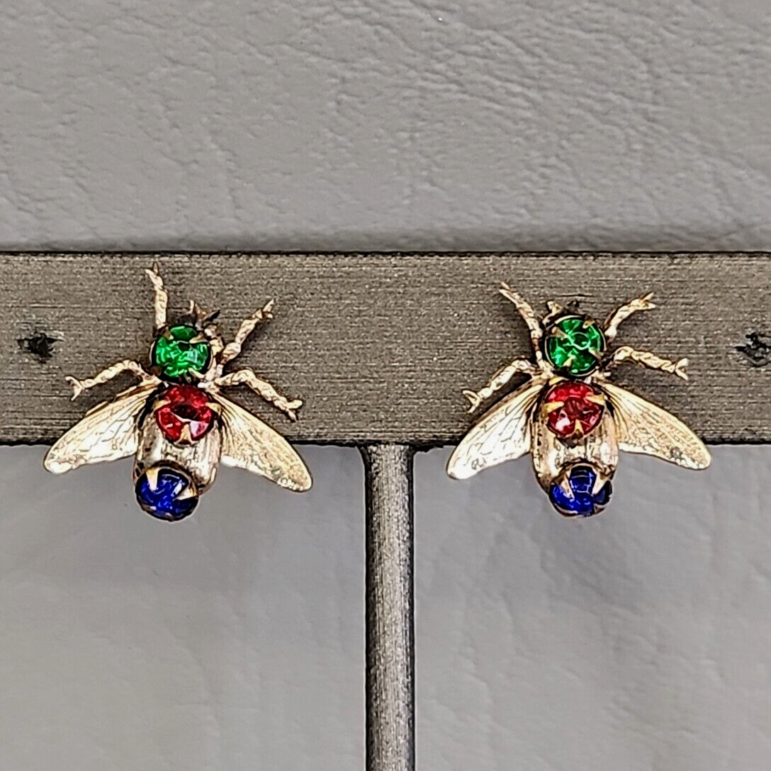 Fly Screw Back Earrings Antique Rhinestone Red Green Sterling Insect Early 1900s
