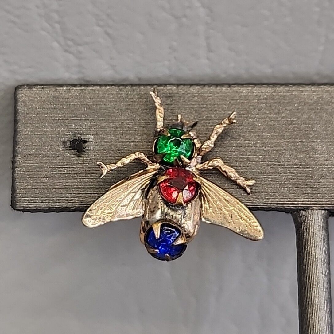 Fly Screw Back Earrings Antique Rhinestone Red Green Sterling Insect Early 1900s