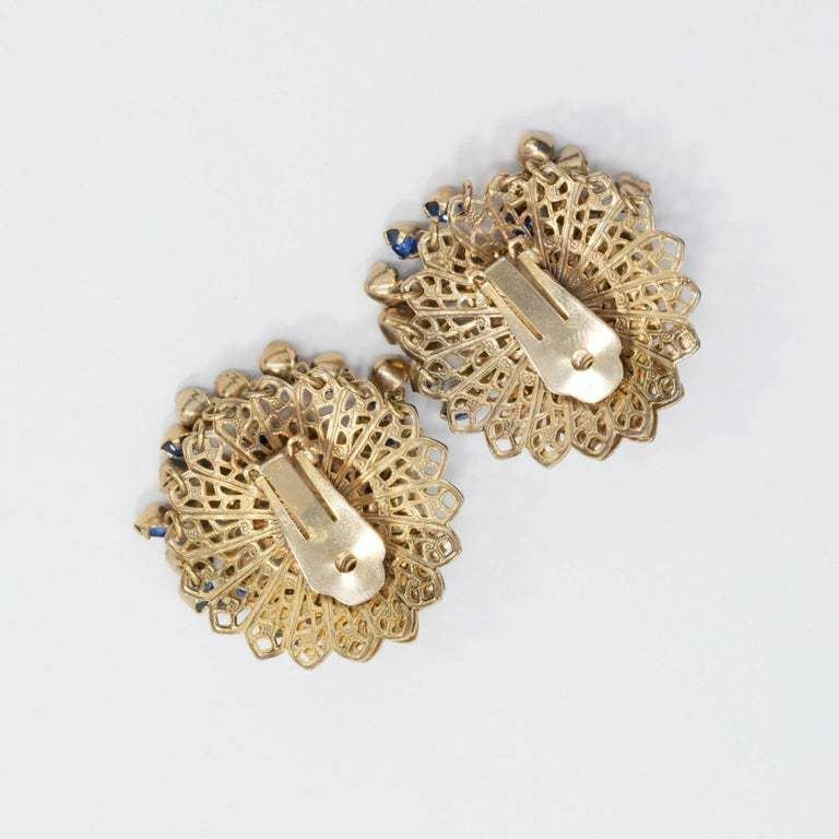 Layered Filigree Sapphire Crystal Cluster Clip on Earrings in Gold, Mid 1900s
