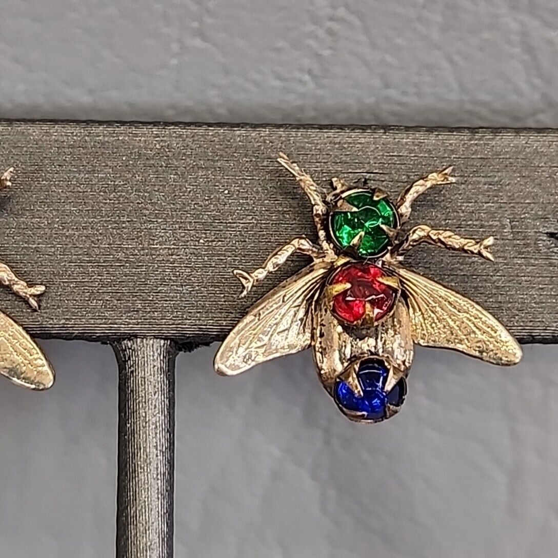 Fly Screw Back Earrings Antique Rhinestone Red Green Sterling Insect Early 1900s