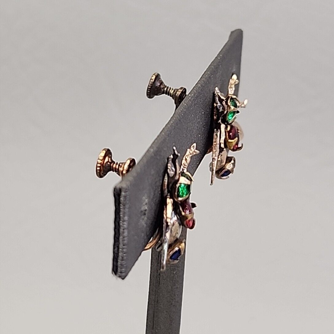 Fly Screw Back Earrings Antique Rhinestone Red Green Sterling Insect Early 1900s