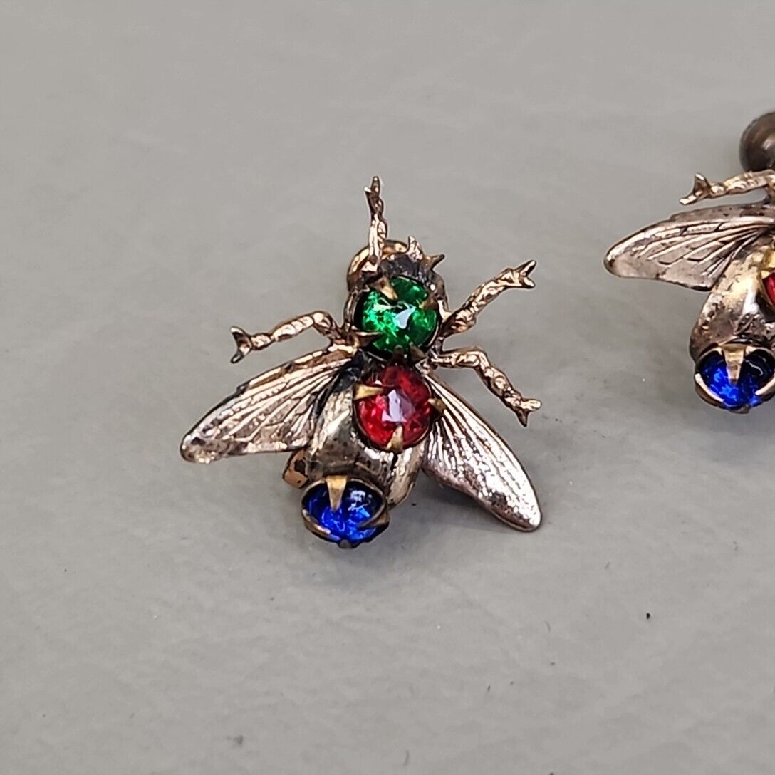 Fly Screw Back Earrings Antique Rhinestone Red Green Sterling Insect Early 1900s