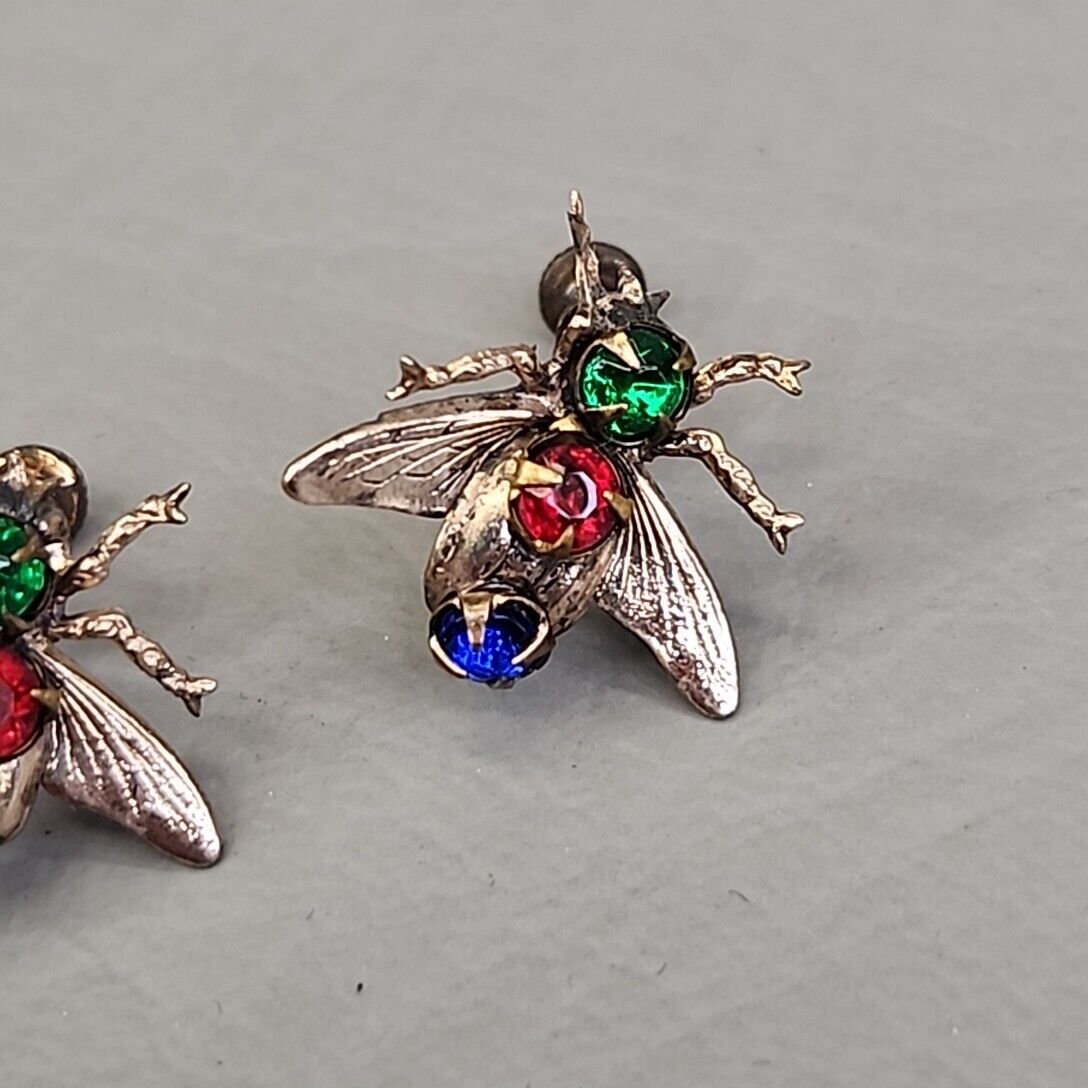 Fly Screw Back Earrings Antique Rhinestone Red Green Sterling Insect Early 1900s