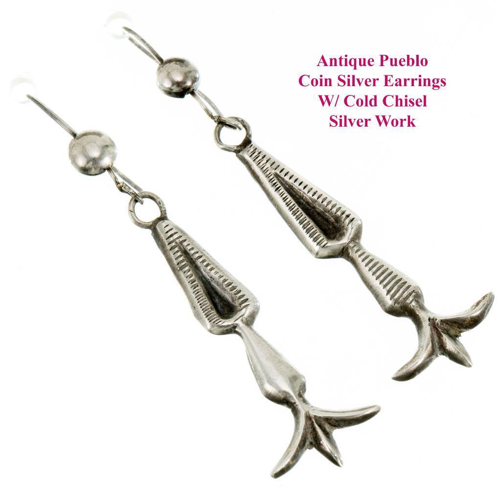 Antique 1900's Pueblo Cold Chisel Earrings Coin or Sterling Silver PAWN Dangles