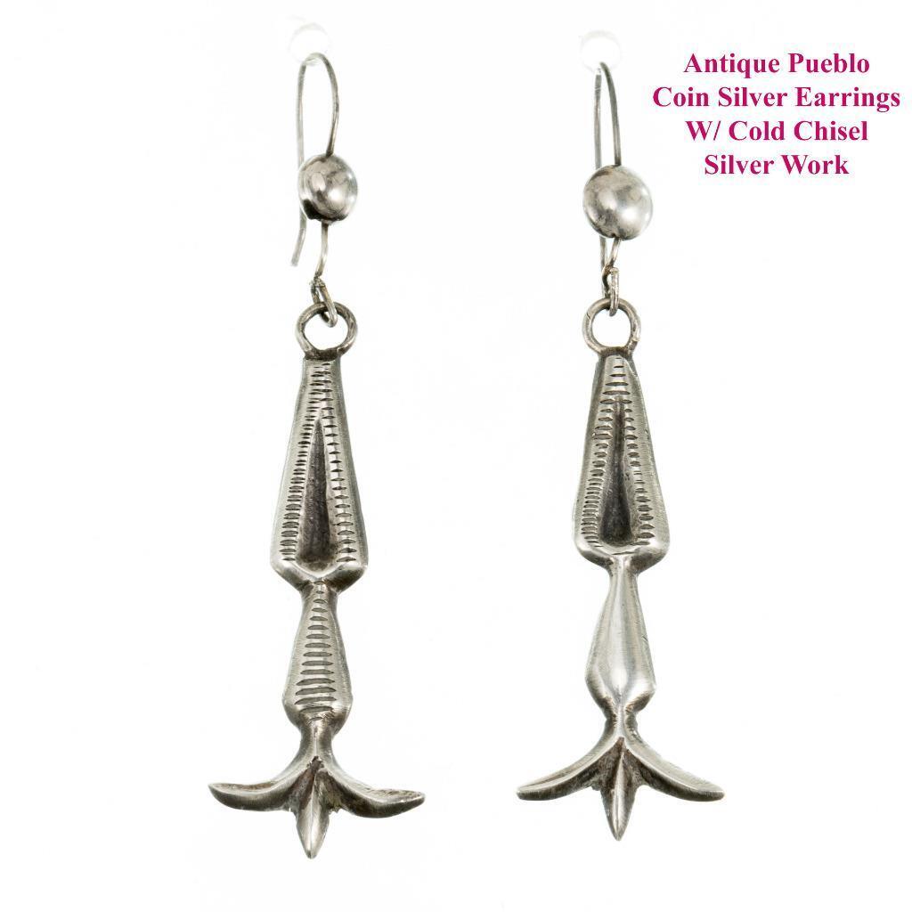 Antique 1900's Pueblo Cold Chisel Earrings Coin or Sterling Silver PAWN Dangles