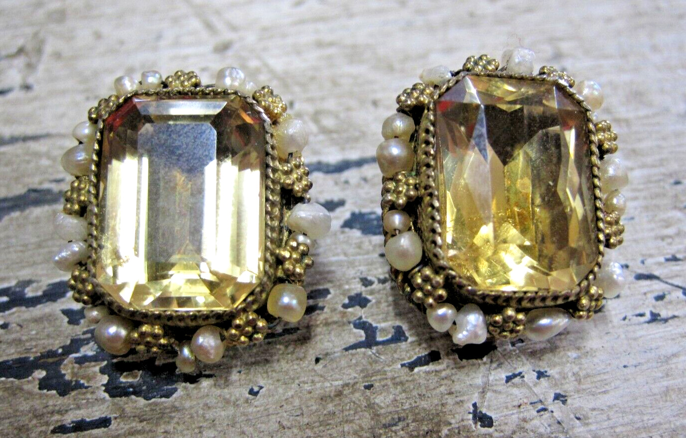 Antique early 1900's Natural Citrine & Pearl Earrings GOLD OVER SILVER .75" 15g