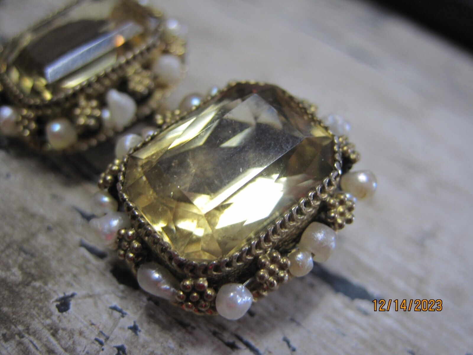 Antique early 1900's Natural Citrine & Pearl Earrings GOLD OVER SILVER .75" 15g