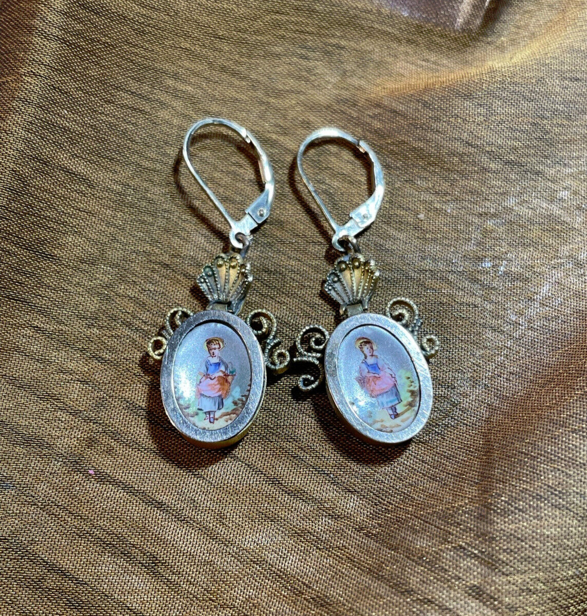 1800'S GOLD FILLED HAND ENAMELED VICTORIAN EARRINGS GIRL HOLDING DRESS W/ FLOWER