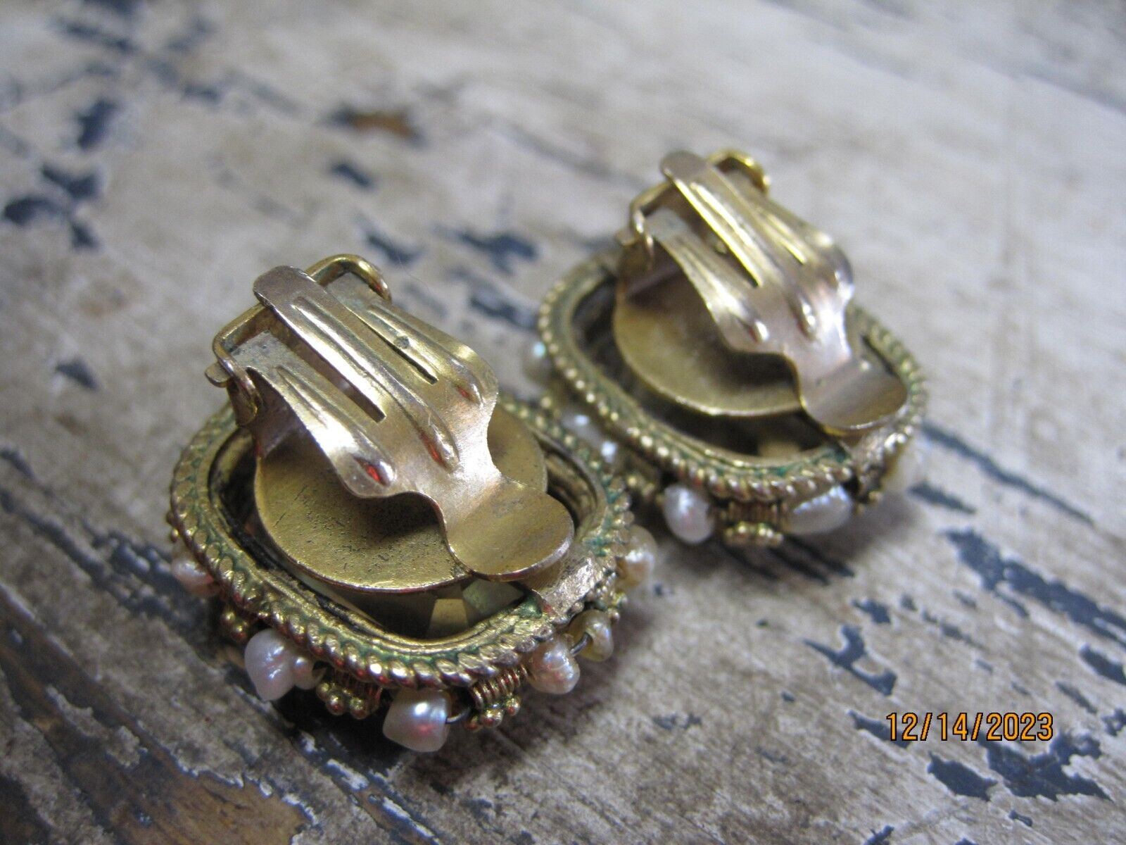 Antique early 1900's Natural Citrine & Pearl Earrings GOLD OVER SILVER .75" 15g
