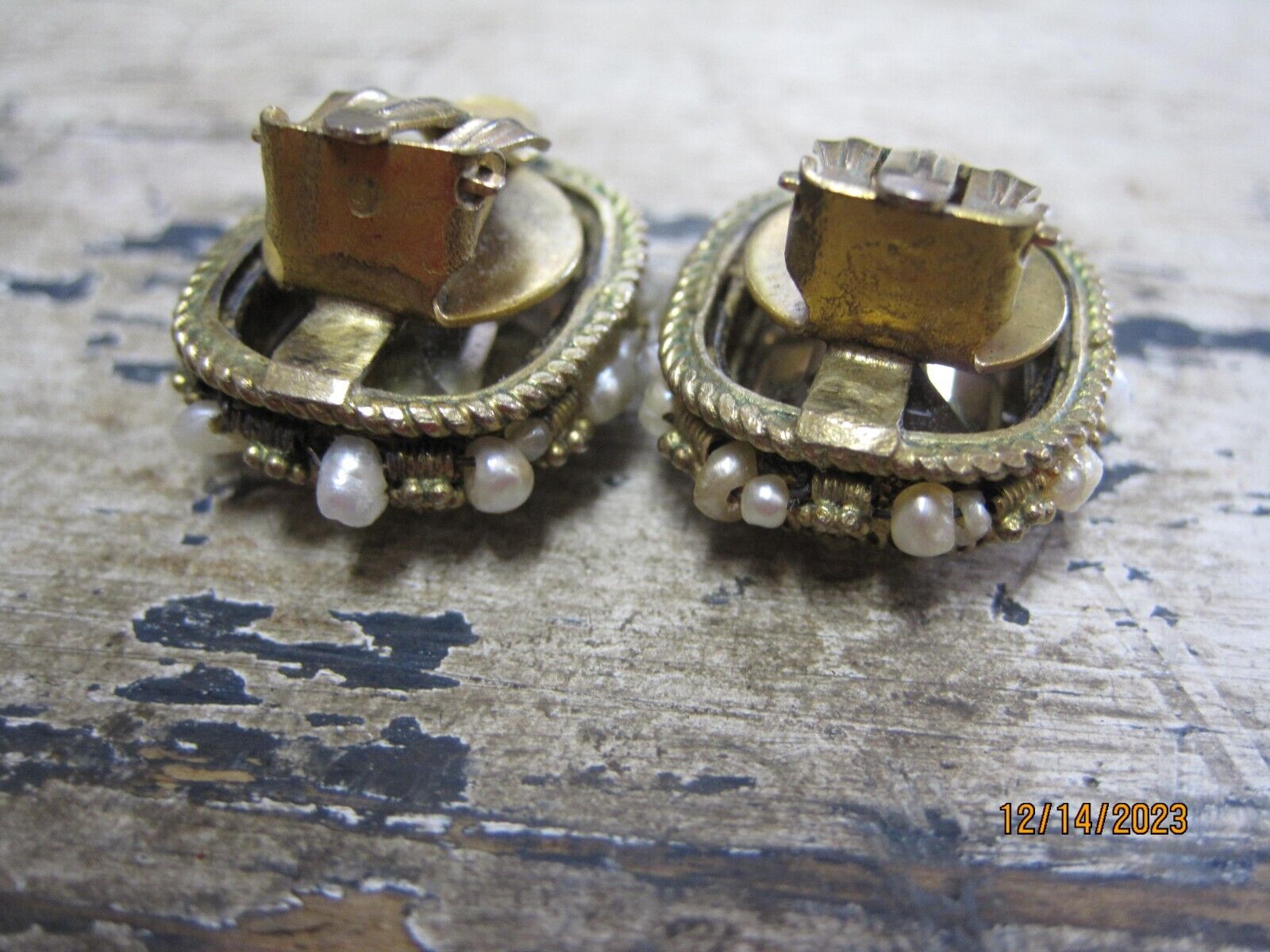Antique early 1900's Natural Citrine & Pearl Earrings GOLD OVER SILVER .75" 15g