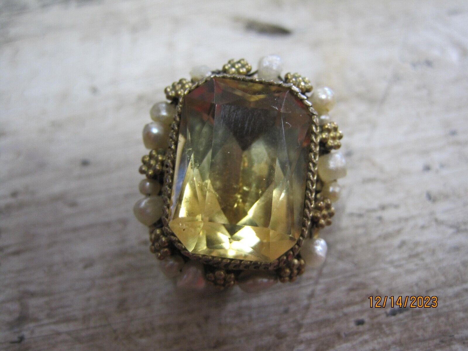 Antique early 1900's Natural Citrine & Pearl Earrings GOLD OVER SILVER .75" 15g
