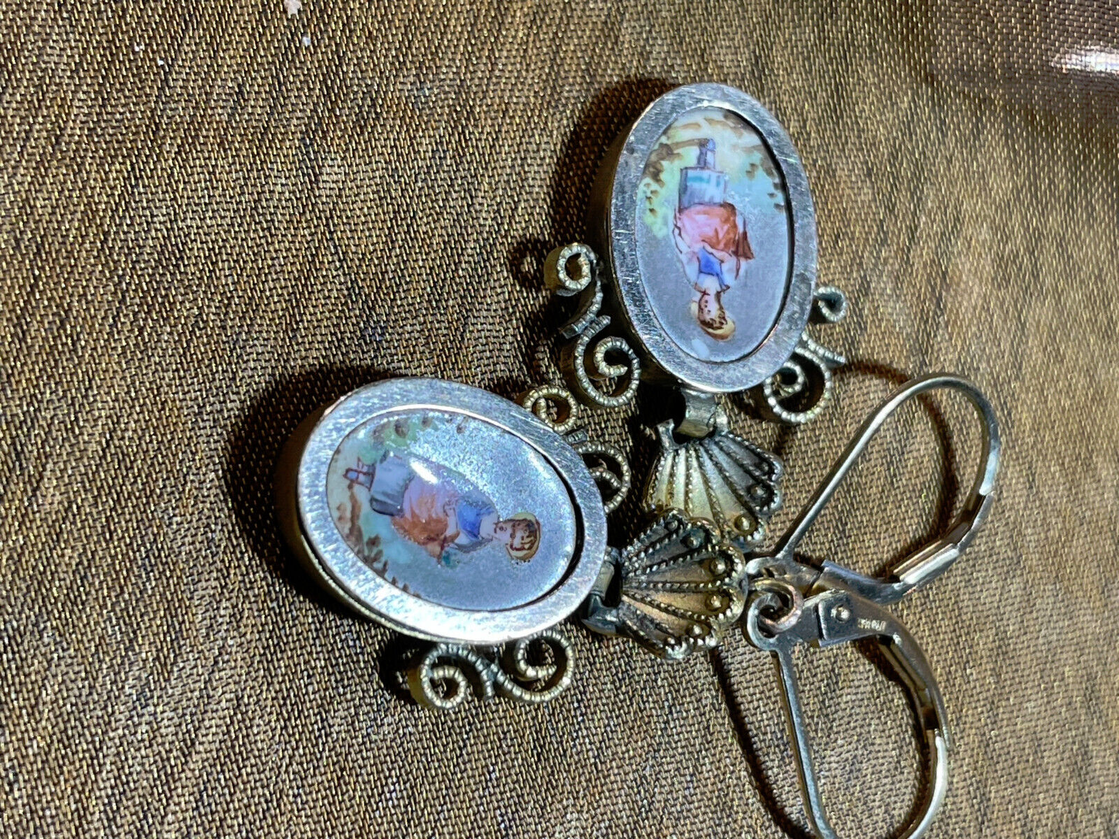 1800'S GOLD FILLED HAND ENAMELED VICTORIAN EARRINGS GIRL HOLDING DRESS W/ FLOWER
