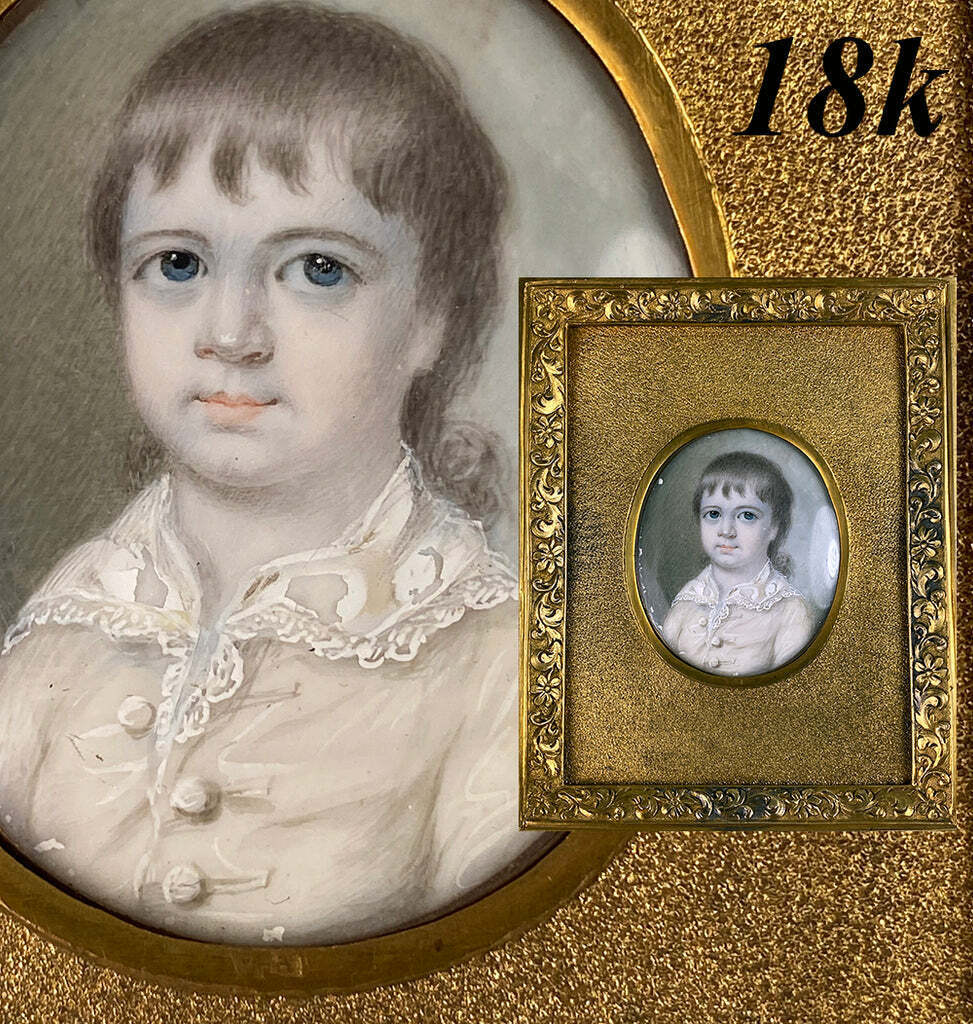 Antique Georgian English Child Portrait Miniature 18k Bracelet Clasp, Uniq Frame