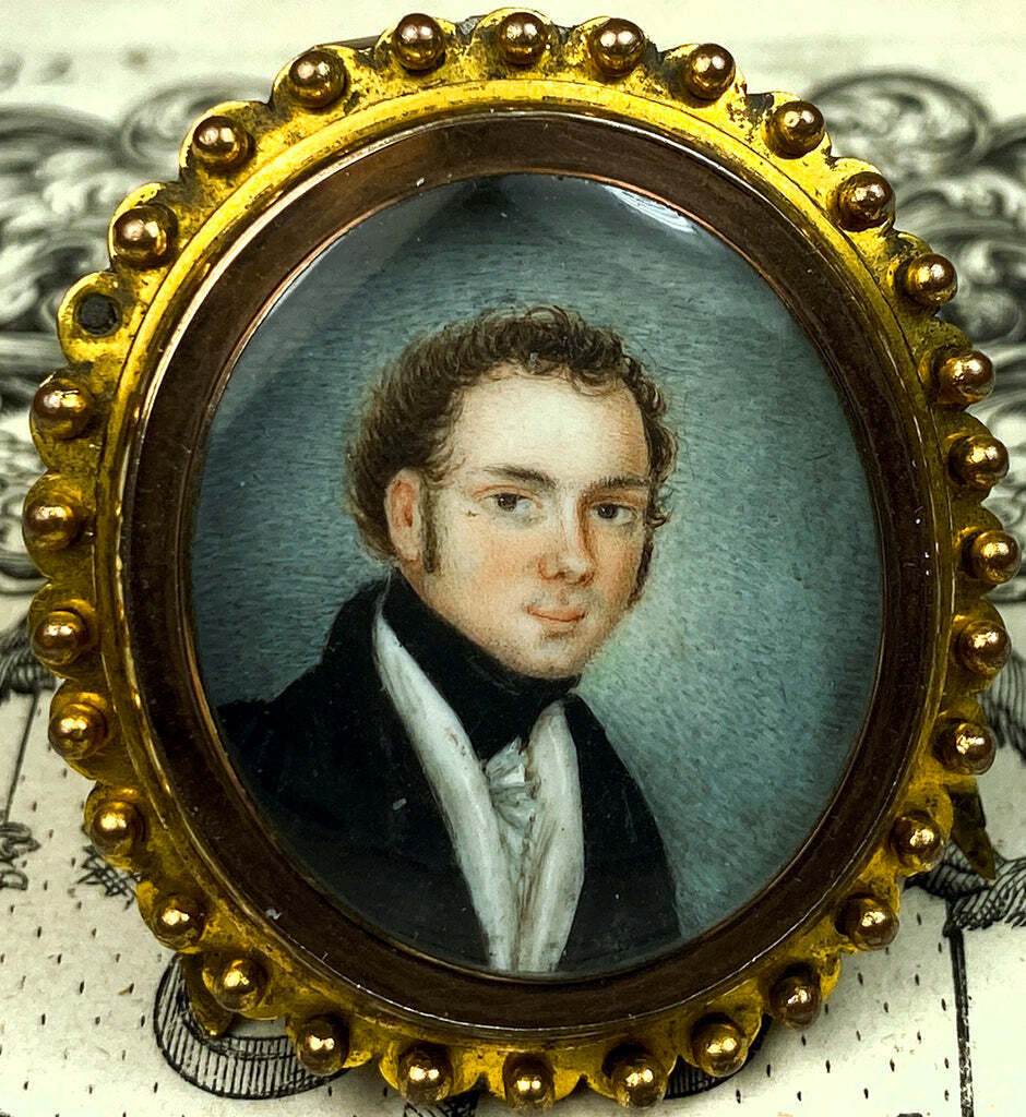 Tiny 18th C. Antique French Portrait Miniature in Easel Back Frame, Was 2" Clasp