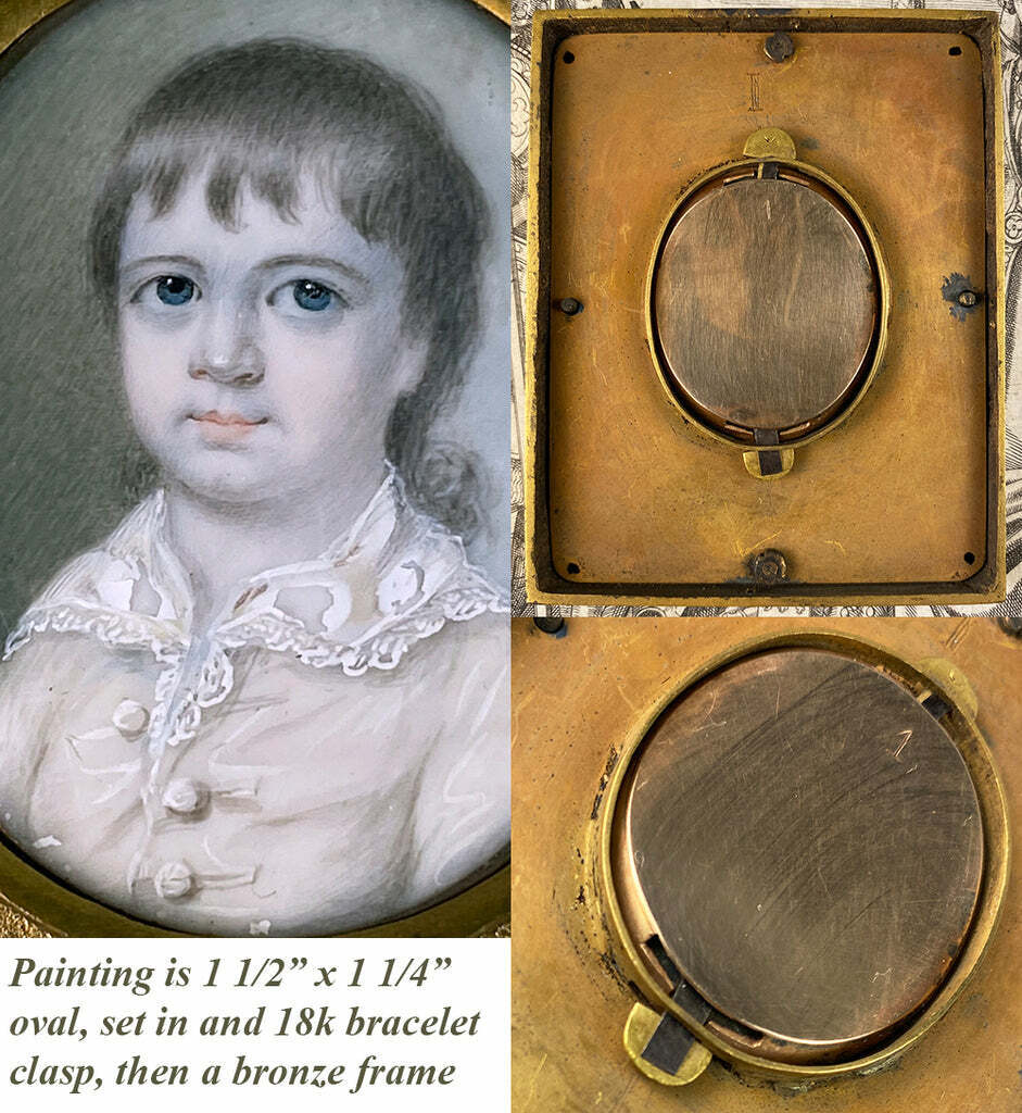Antique Georgian English Child Portrait Miniature 18k Bracelet Clasp, Uniq Frame