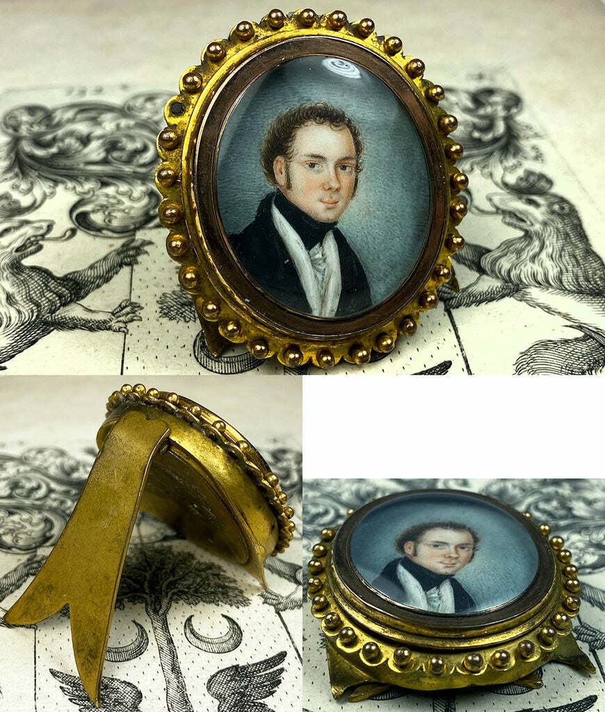 Tiny 18th C. Antique French Portrait Miniature in Easel Back Frame, Was 2" Clasp