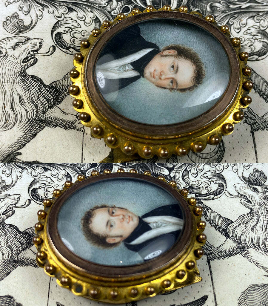 Tiny 18th C. Antique French Portrait Miniature in Easel Back Frame, Was 2" Clasp