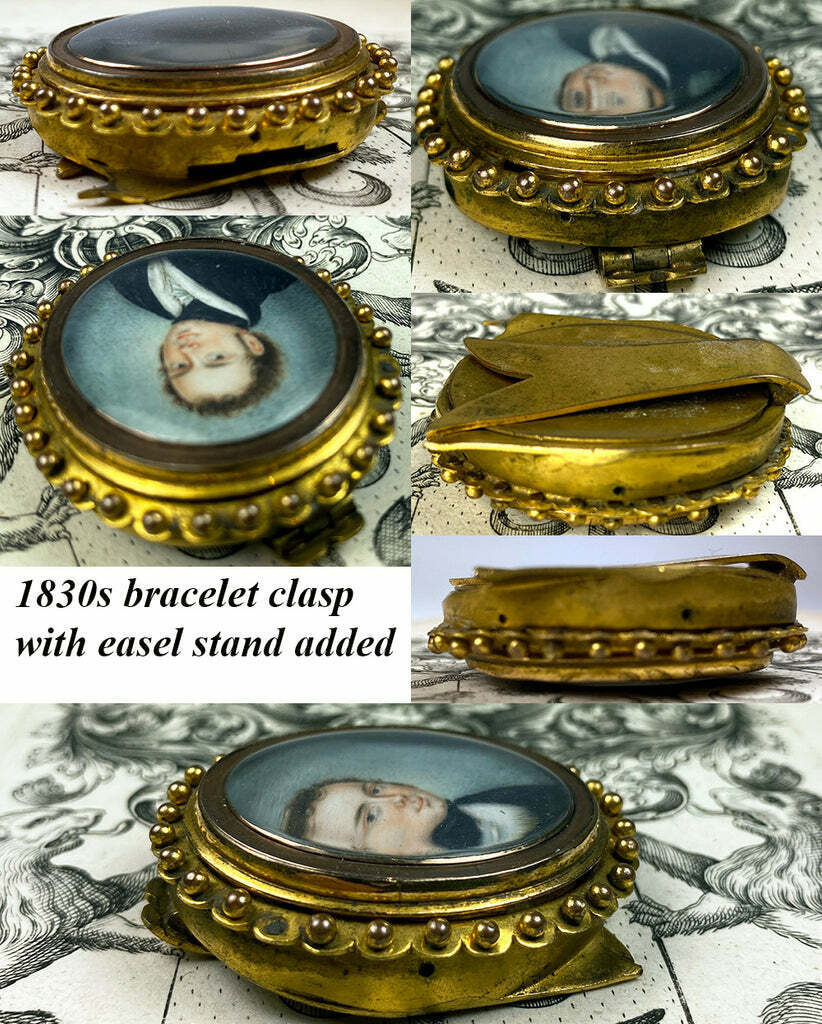 Tiny 18th C. Antique French Portrait Miniature in Easel Back Frame, Was 2" Clasp