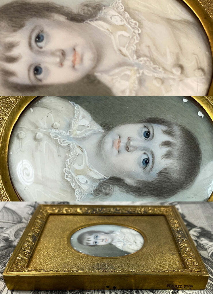 Antique Georgian English Child Portrait Miniature 18k Bracelet Clasp, Uniq Frame