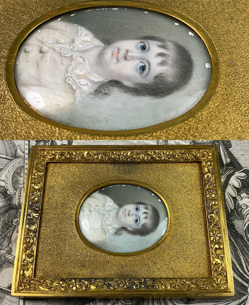 Antique Georgian English Child Portrait Miniature 18k Bracelet Clasp, Uniq Frame