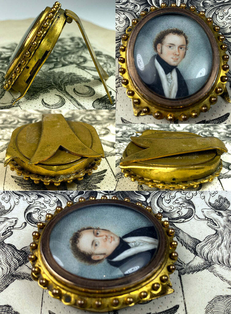 Tiny 18th C. Antique French Portrait Miniature in Easel Back Frame, Was 2" Clasp