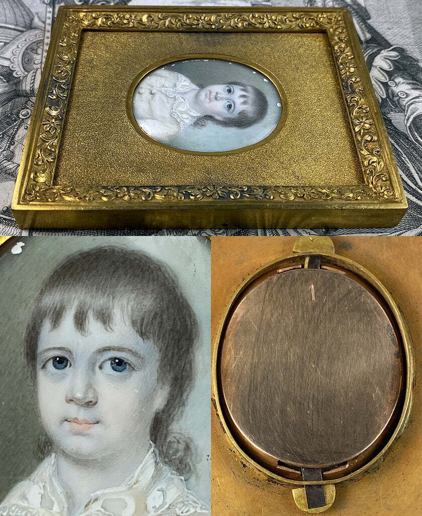 Antique Georgian English Child Portrait Miniature 18k Bracelet Clasp, Uniq Frame