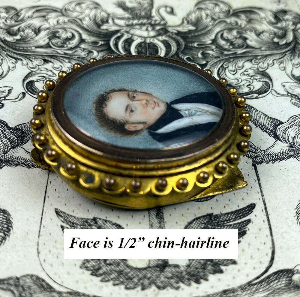 Tiny 18th C. Antique French Portrait Miniature in Easel Back Frame, Was 2" Clasp
