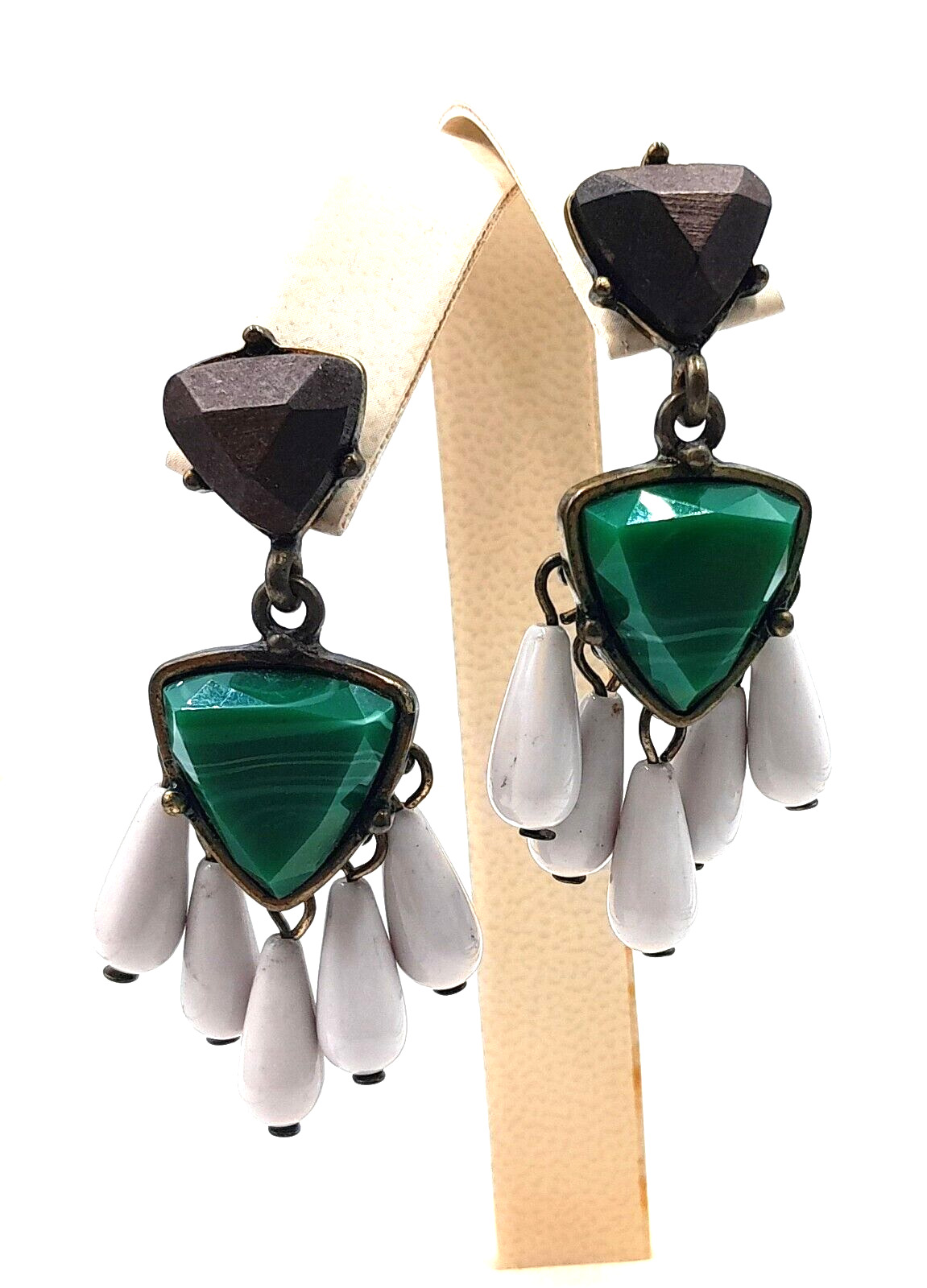 Vintage 1900's BaubleBar Kona Drop Green Accents w/ dark Wood 2" Dangle Earrings