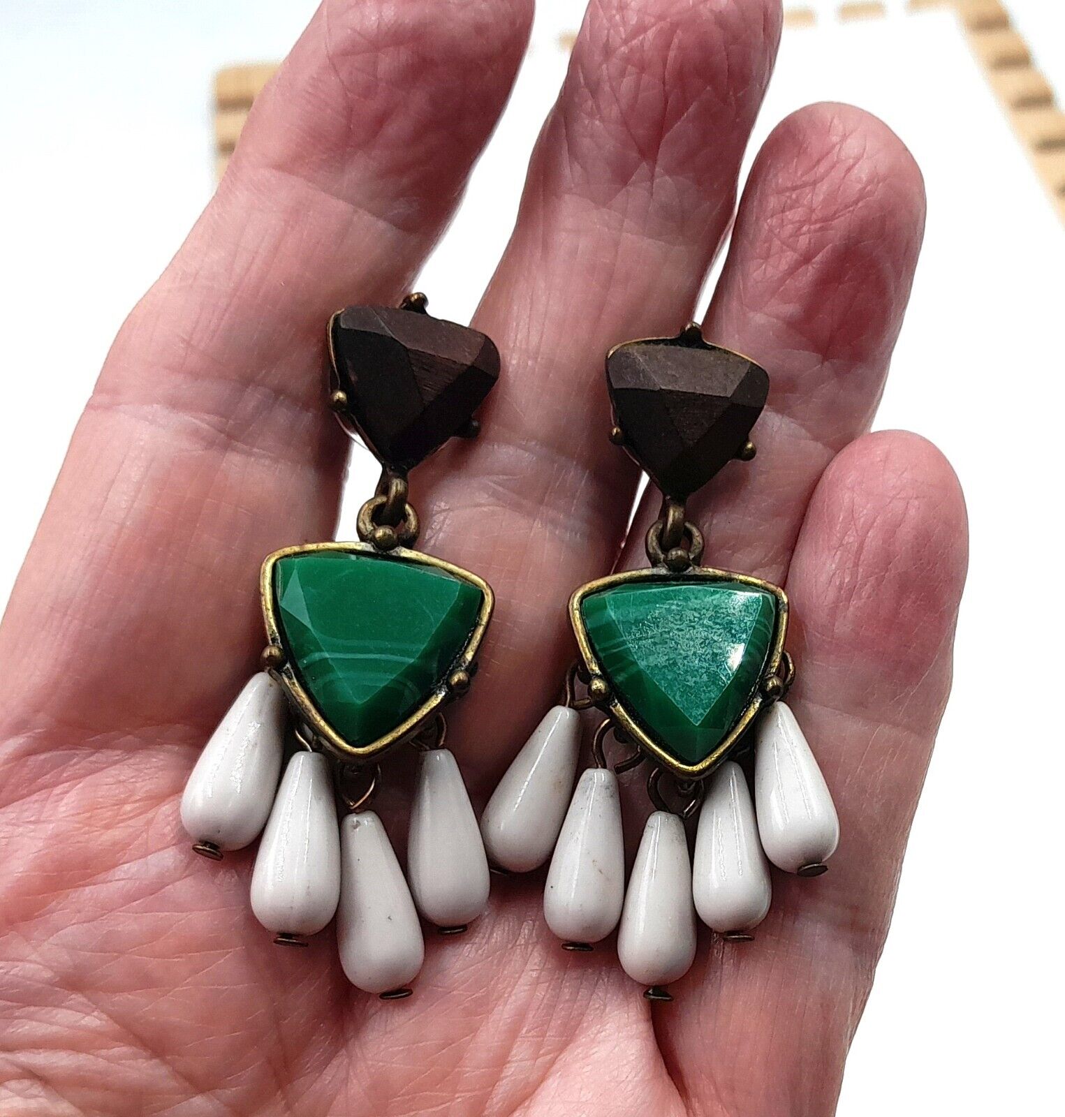 Vintage 1900's BaubleBar Kona Drop Green Accents w/ dark Wood 2" Dangle Earrings