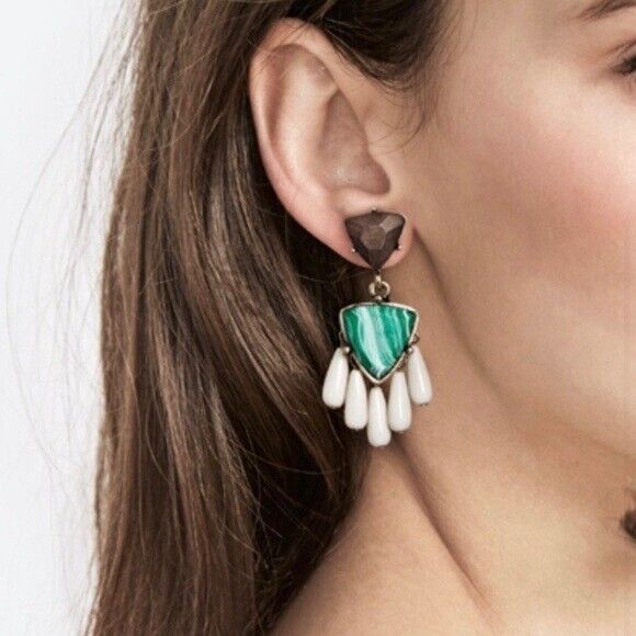 Vintage 1900's BaubleBar Kona Drop Green Accents w/ dark Wood 2" Dangle Earrings