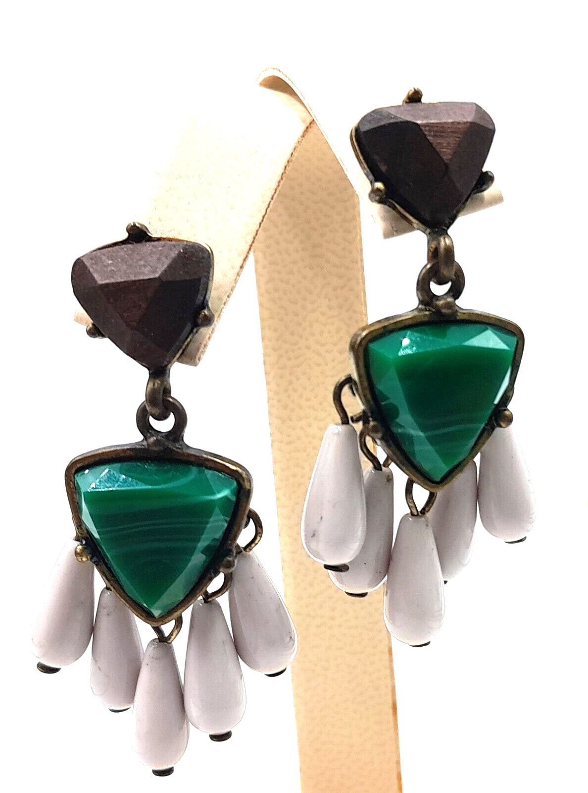 Vintage 1900's BaubleBar Kona Drop Green Accents w/ dark Wood 2" Dangle Earrings